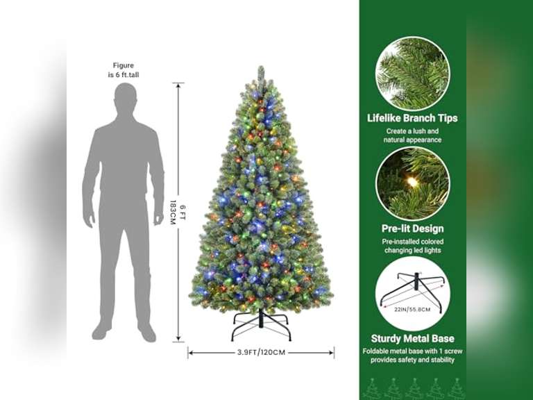 Similar model. SHareconn 6ft Prelit Premium Artificial Classic Spruce Christmas Tree with Remote Control,Timer, and 330 Warm White & Color LED Changing Lights, 952 Branch Tips, Perfect Choice for Xmas Decoration6 FT 110