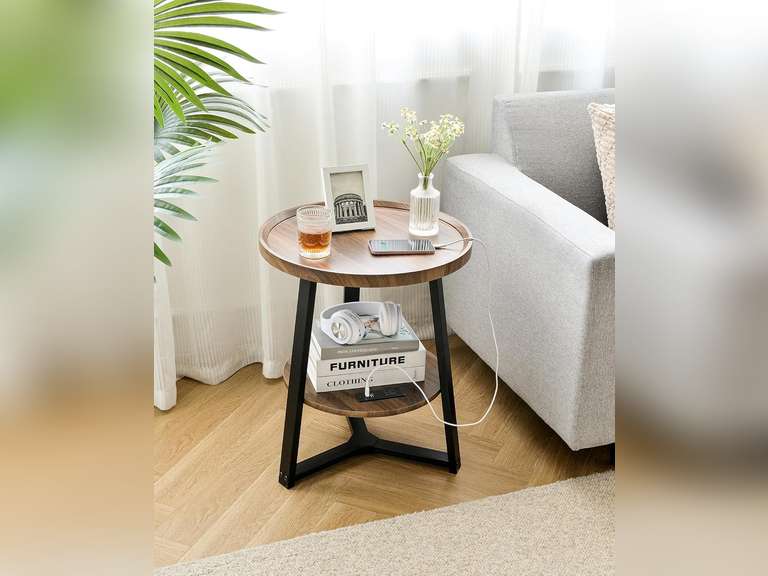 Round End Table with Charging Station, 19.7" Dia x 23.63" H, Side Table with Storage Shelf, Accent Table, for Living Room, Bedroom, Small Spaces, Metal Frame, Industrial Style (Brown + Black) 66