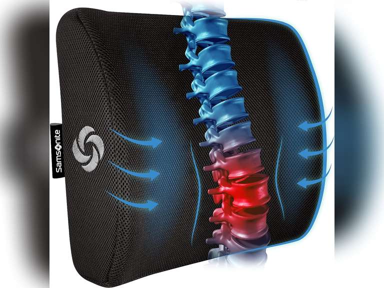 SAMSONITE Lumbar Support Pillow For Office Chair and Car Seat, Perfectly Balanced Memory Foam , Versatile Use Lower Back Cushion 22
