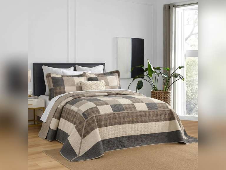 SahSahCasa 120"x120" 100% Cotton Oversized California King Bedspread Coverlet Quilt Set, Cal King Quilted Bedspread Extra Large Quilt, XL Bed Spread Lightweight Comforter, 3pc, Charcoal/Beige/Brown 180