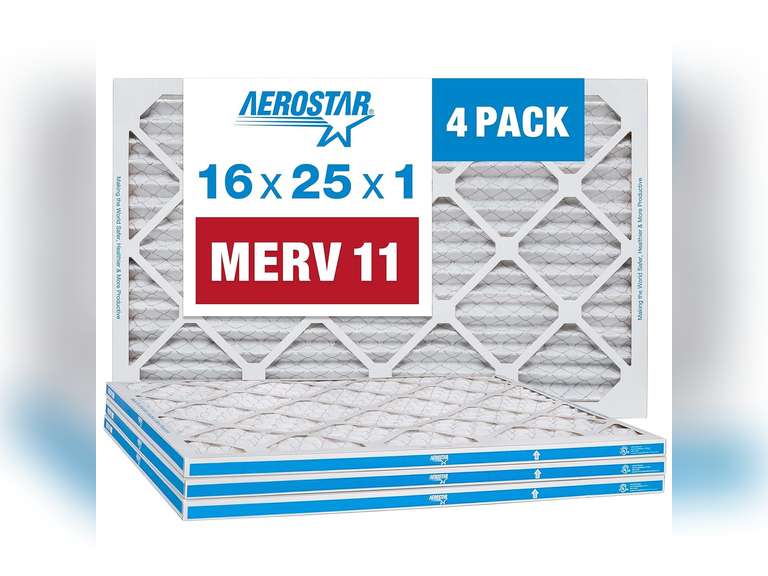 Aerostar 16x25x1 MERV 11 - 4 Count - Pleated HVAC, Furnace & Air Conditioner Filters - Removes Dust, Cold & Flu Germs, Lint, Mold, Pet Dander, Allergy-Causing Pollen, Smog & Smoke 35