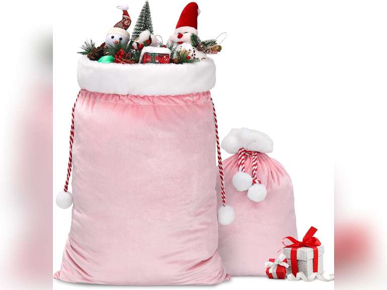 Mzjeaziany 2 Pcs Christmas Velvet Bags With Drawstring - Large Plush Santa Sack in 2 Sizes for Xmas Package Storage 18