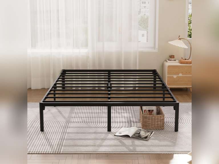 Screw Free Queen Size Bed Frame No Box Spring Needed 14 Inch Queen Platform Heavy Duty Support 650lbs Easy to Assembly,Noise and Tool Free Black Queen Bed Frame 100