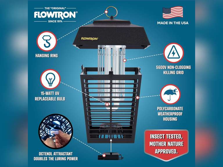 Flowtron Electric Bug Zapper 1/2 Acre Outdoor Insect Control with Dual Lure Method, 15W UV Light & Octenol Attractant for Fly & Mosquito, 5600V Kill Grid, Made in USA, UL Certified 50