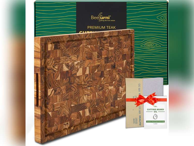 BEEFURNI Teak Wood End Grain Cutting Board (XL, 24x17x1.5"), X Large Wooden Chopping Block for Kitchen, Charcuterie Boards, Premium Wood Chopping Block, Christmas Gifts, 1-Year Manufacturer Warranty 106