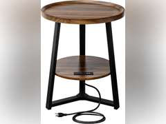 Round End Table with Charging Station, 19.7" Dia x 23.63" H, Side Table with Storage Shelf, Accent Table, for Living Room, Bedroom, Small Spaces, Metal Frame, Industrial Style (Brown + Black) 66