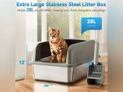 2 Pack Stainless Steel Cat Litter Box with Lid, XL Extra Large Metal Box for Big Cats, 24" L x 16" W x 12" H, Enclosed Litter Box High Sided, Non-Sticky, Include Litter Scoop 69