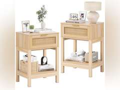 (See pictures)Rattan Nightstand Set of 2, Side Table with Drawer Open Shelf, Cane Accent Bedside End Table with Solid Wood Legs, Boho Bedside Table End Table Side Table Accent Table for Bedroom, Dorm & Small Spaces 130