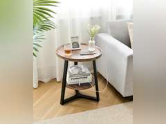 Round End Table with Charging Station, 19.7" Dia x 23.63" H, Side Table with Storage Shelf, Accent Table, for Living Room, Bedroom, Small Spaces, Metal Frame, Industrial Style (Brown + Black) 66