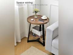 Round End Table with Charging Station, 19.7" Dia x 23.63" H, Side Table with Storage Shelf, Accent Table, for Living Room, Bedroom, Small Spaces, Metal Frame, Industrial Style (Brown + Black) 66