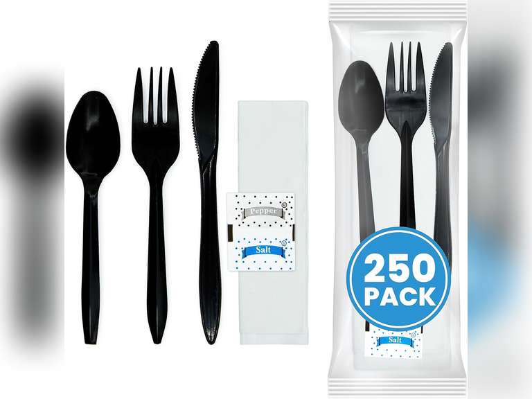 Individually Wrapped Plastic Cutlery Set with Napkin + Salt & Pepper Packets in Black (250 Count) Prewrapped Disposable Silverware Bags, Bulk Utensils: Fork, Knife, and Spoon for Togo Eating 39