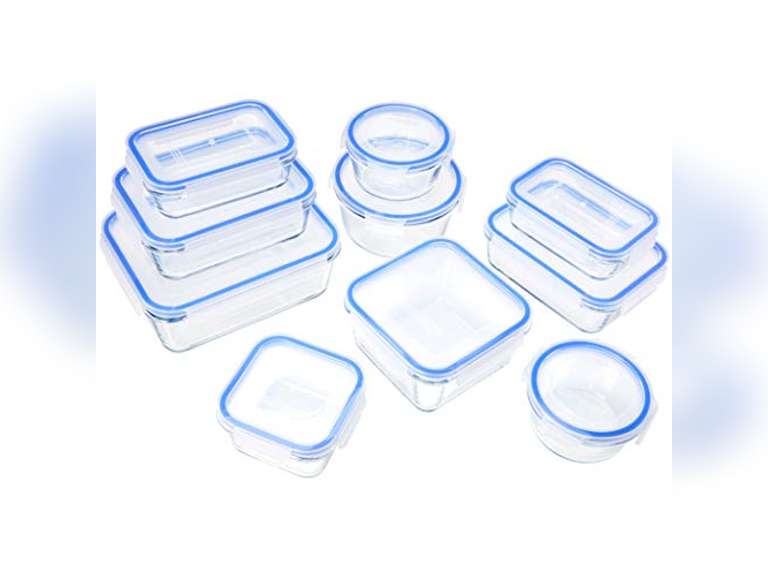Amazon Basics 20Piece Glass Food Storage Containers 10 Count of Bases and Plastic Lids Transparent Blue 81