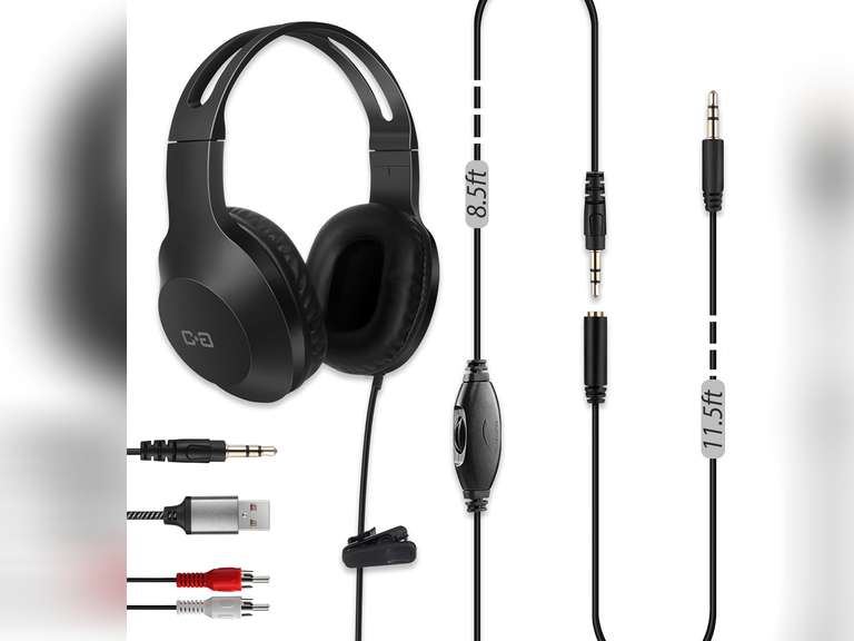 20Ft Extra Long Cord Headphones for TV & PC with Volume Control, Wired TV Headset with Extension Cable, 3.5mm Aux Jack with USB & RCA Adapters for More TVs, Senior Friendly 19