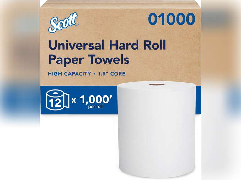 Scott Professional Essential Universal High-Capacity Hard Roll Paper Towels, Bulk (01000), Hardwound 1.5" Core, Absorbency Pockets, White (12 Rolls at 1,000' Each, 12,000'/Case) 93