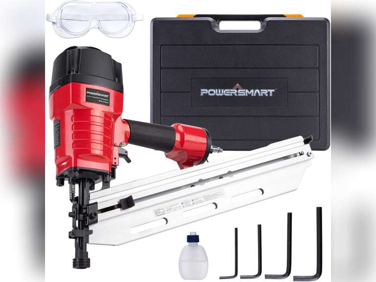 POWERSMART Framing Nailer, 2" to 3-1/2" Full Round Head Nail Gun, 21  Framing Nailer, 60 Nails Capacity Magazine Framing Nail Gun, Safety Goggles, Storage Case Included, PS6120 90
