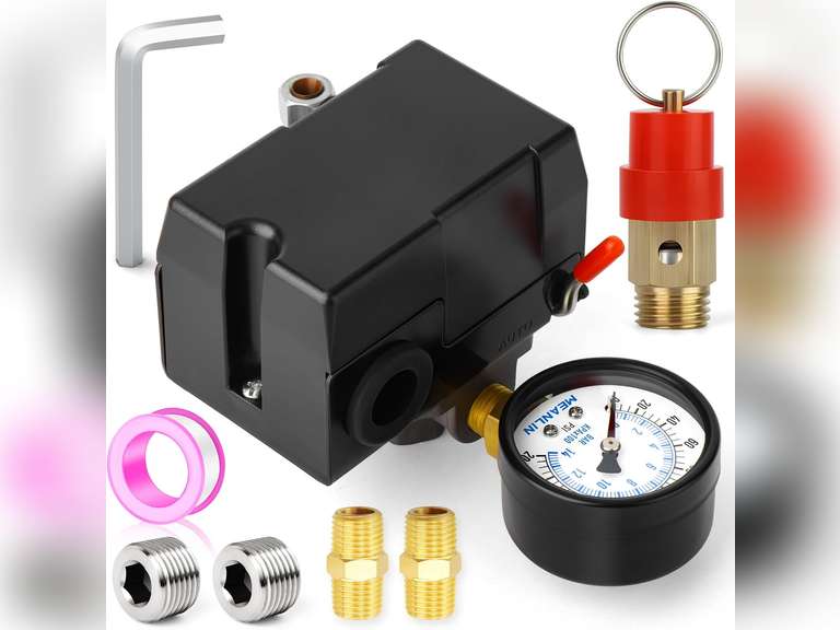 MEANLIN MEASURE Air Compressor Pressure Switch Control Valve 95-125 PSI 110V-240V 4-way Replacement Parts With 0-200 Pressure gauge and Safety Pressure Relief Valve 27