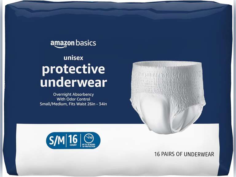 Amazon Basics Unisex Protective Underwear, Overnight Absorbency, Small/Medium, 16 Count, (1 Pack of 16) 13