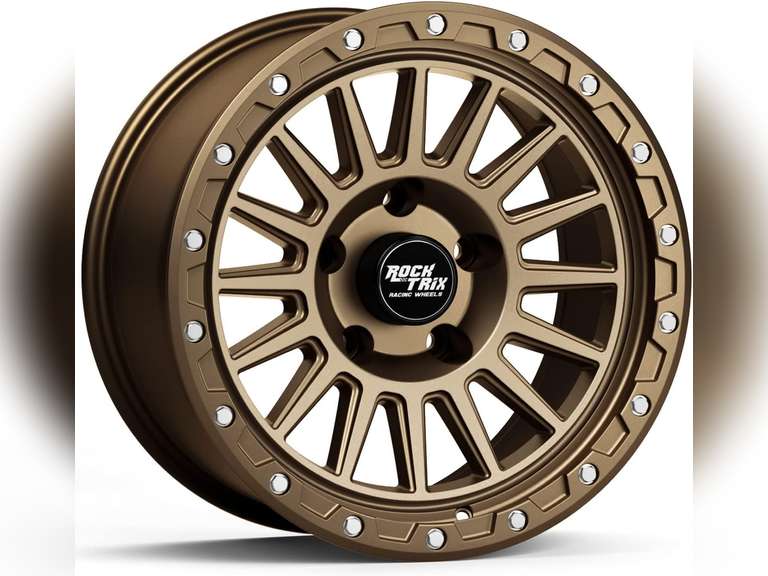 RockTrix RT113 17 inch Wheel Compatible with Jeep Wrangler JK JL 17x9 5x5 Wheels (-12mm Offset, 4.5in Backspace) 5x5 PCD, 71.5mm Bore, Bronze Wheels, Also fits Gladiator JT Rims 172