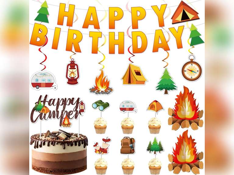 Nezyo 52 Pcs Camping Birthday Party Decorations, Happy Camper Party Hanging Swirls Ceiling Decoration Happy Birthday Banner Camping Cupcake Toppers Campfire Centerpiece for Baby Shower Supplies 15