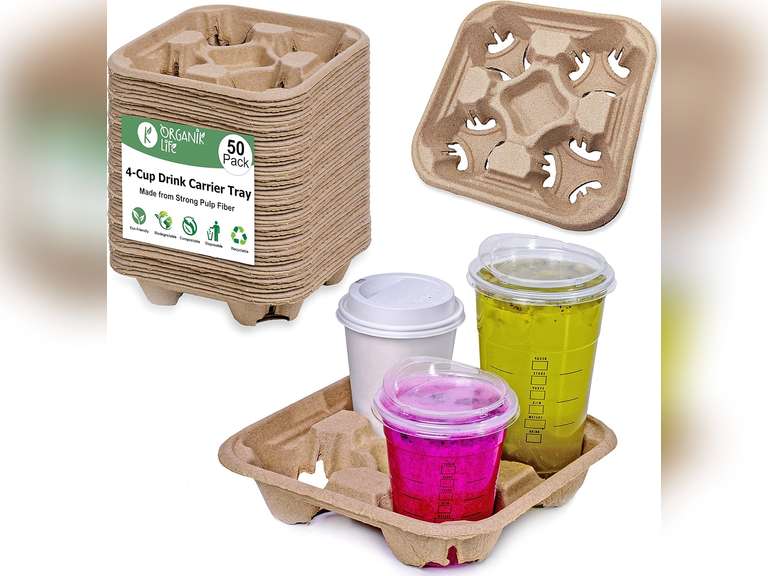 4 Cup Carrier Tray (150-Pack), No-Spill, No-Mess Disposable Holder, Biodegradable, Eco-Friendly for Delivery of Hot or Cold Drinks, Ideal To Go Carrier for Car Food Delivery 75