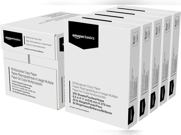 Amazon Basics Multipurpose Copy Printer Paper, 20 lb, 8.5 x 11 Inches, 5 Reams (2,500 Sheets), 92 Bright, White 29