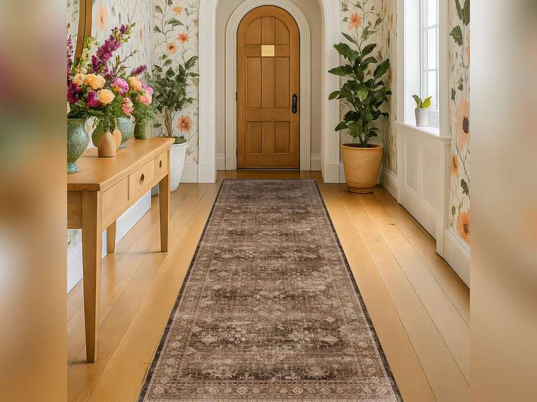 Brown Washable Long Runners for Hallways, 2x10 Wide Kitchen Runner Rug, Entryway Indoor Rug, Non Slip Rubber Backing Boho Vintage Dark Floor Decor 53