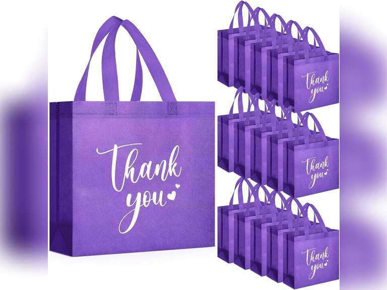 Sweetude 30 Pcs Thank You Gift Bags with Handles, Reusable Non Woven Foldable Goodie Bags Bulk for Back to School Appreciation Wedding Bridesmaid Favors(11 x 12 x 5 Inch,Dark Purple) 25