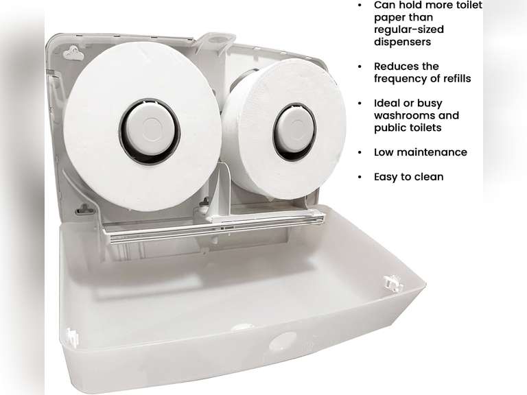 Jumbo Toilet Paper Dispenser - Twin Plastic Toilet Paper Holder, Space-Saving & Wall Mounted Tissue Dispensers for Commercial & Public Restrooms, Holds 2 Jumbo Roll Toilet Paper, White 38