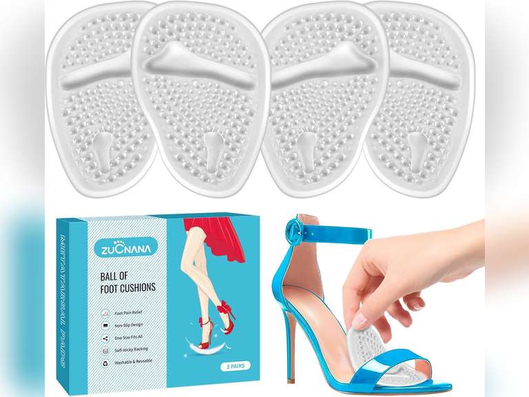 ZUCNANA Ball of Foot Cushions (2 Pairs Gel Shoe Inserts), Heel Inserts for Women, Non Slip Heel Pads, Heel Cushions for Women Foot Pain Relief and Comfort, One Size Fits Any (Clear) 10
