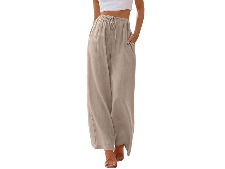 TEMOFON Pants for Women Wide Leg Linen Pant Summer Casual Palazzo Khaki Flowy Pants with Pocket Drawstring Loose Lightweight Pants 2 XL 29