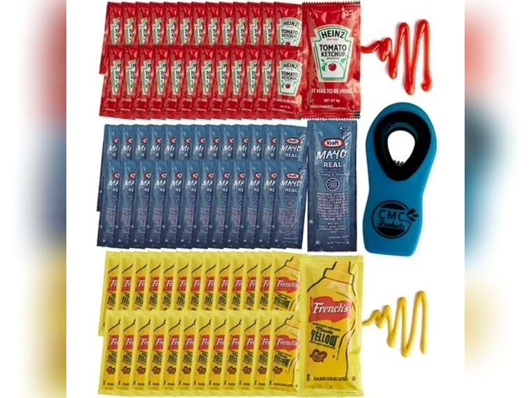 Condiment Packs - 75 Total Packets / 25 Count of each - Heinz Ketchup, French's Mustard, & Kraft Mayo - with CMC Products Bag Clip 20