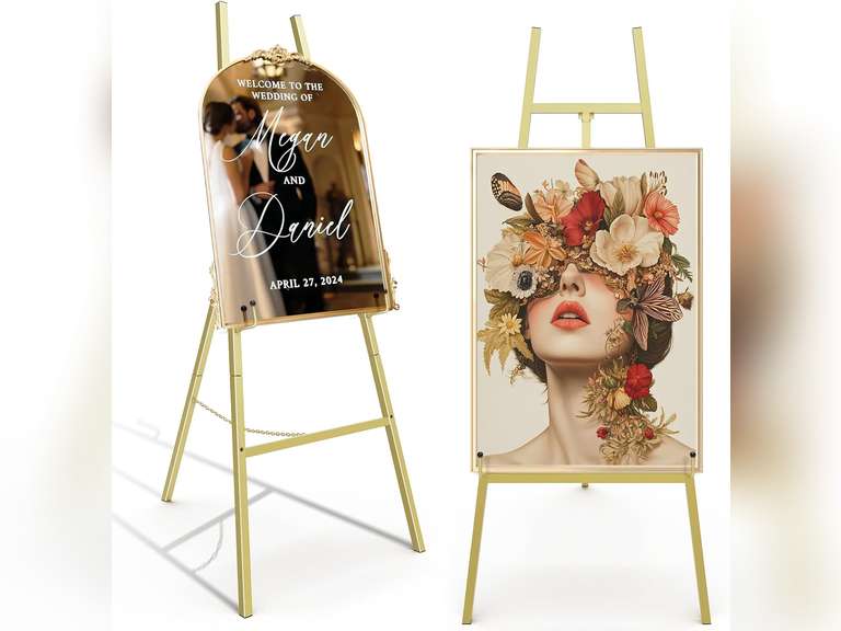 Gold Easel Stand for Sign, Heavy Duty Display Easel for Wedding & Poster | 4-Tier Height Art Easel with Adjustable Chain, for Painting, Posters & Commercial Display 40