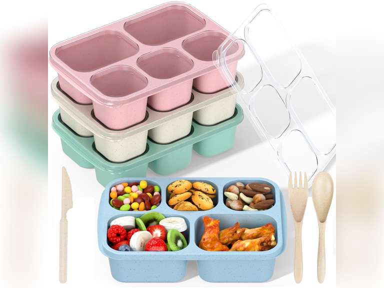 Zhaofu Bento Lunch Boxes, 4 Pack Bento Box, Reusable Lunch Box with 5 Compartments Meal Prep Containers, Snack Containers with Utensils & Transparent Lids, Microwave Dishwasher Safe 27