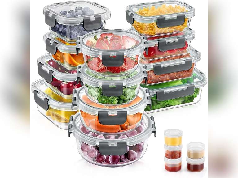 34pcs Glass Food Storage Containers with Lids Set, Airtight Meal Prep Containers (17 Containers & 17 Lids), Grey 55