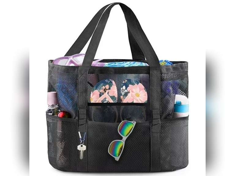 Inadays Beach Bag, Extra Large Mesh Beach Tote with 8 Pockets & Waterproof Zipper inner Pocket for Family Pool Bag Ideal for Beach Trip Toys & Vacation Essentials 20