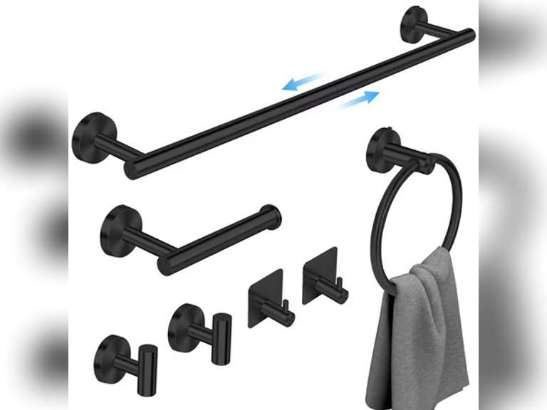 PHANCIR 7 Pcs Hardware Set for Bathroom, Stainless Steel Accessories, Includes 24" Towel Bar, Toilet Paper Holder, Towel Ring, Robe Hooks, Wall Mounted Bathroom Rack Set, Matte Black 40