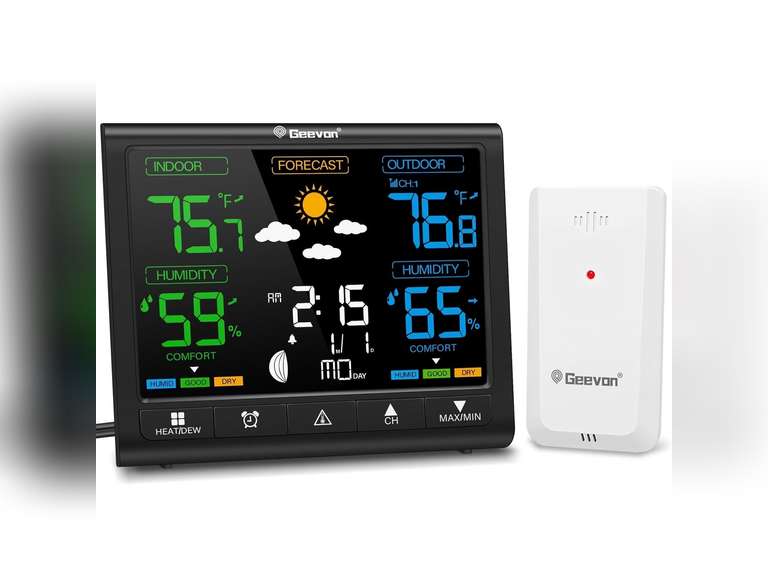 Geevon Weather Station Indoor Outdoor Thermometer Wireless, Digital Thermometer Temperature Humidity Monitor with Comfort Indicator, Adjustable Backlight, Alarm Clock and Calendar(350 view angle) 26