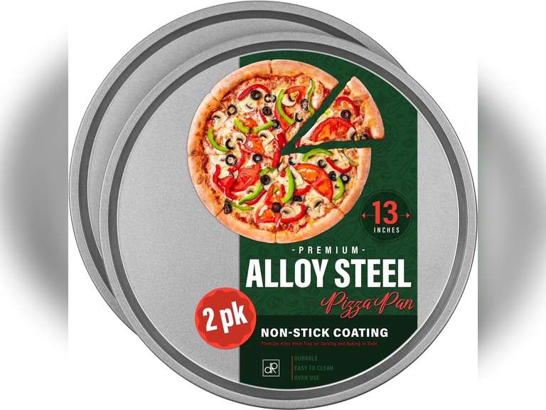 (See pictures) DecorRack 13 Inch Non-Stick Pizza Pan, Heavy-Duty Alloy Steel Pizza Tray, Oven Safe (2 Pack) 12