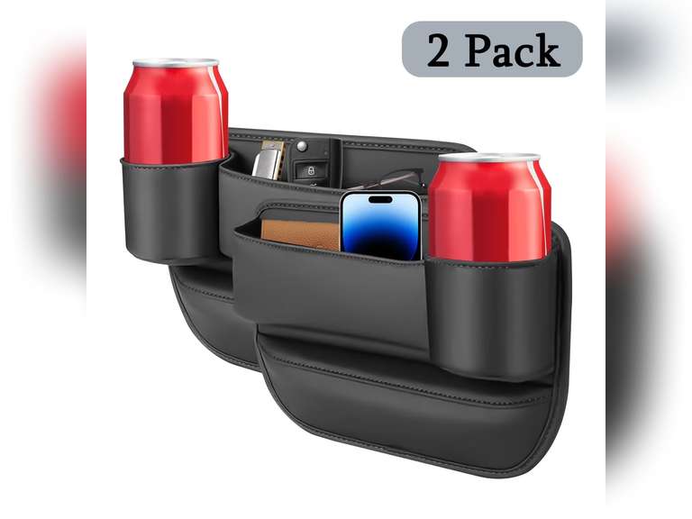 SPOKKI 2 Pcs Car Leather Cup Holder Gap Bag, Car Seat Gap Filler Organizer for Glasses Phones Keys and Cards (Black, Driver'+Passenger's Seat) 13