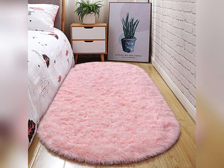 Junovo Oval Fluffy Area Rugs for Bedroom Plush Shaggy Carpet for Kids Room Bedside Nursery Mats, 2.6' x 5.3',Pink 30