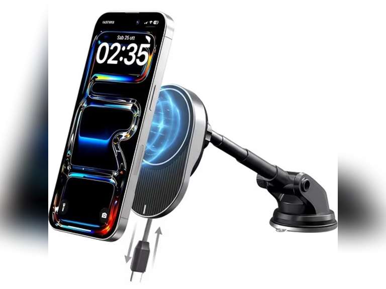 IJS Magnetic Wireless Car Charger with Built-In Retractable Cord and Extendable Windshield Dashboard Phone Mount, MagSafe Compatible, 15W 24