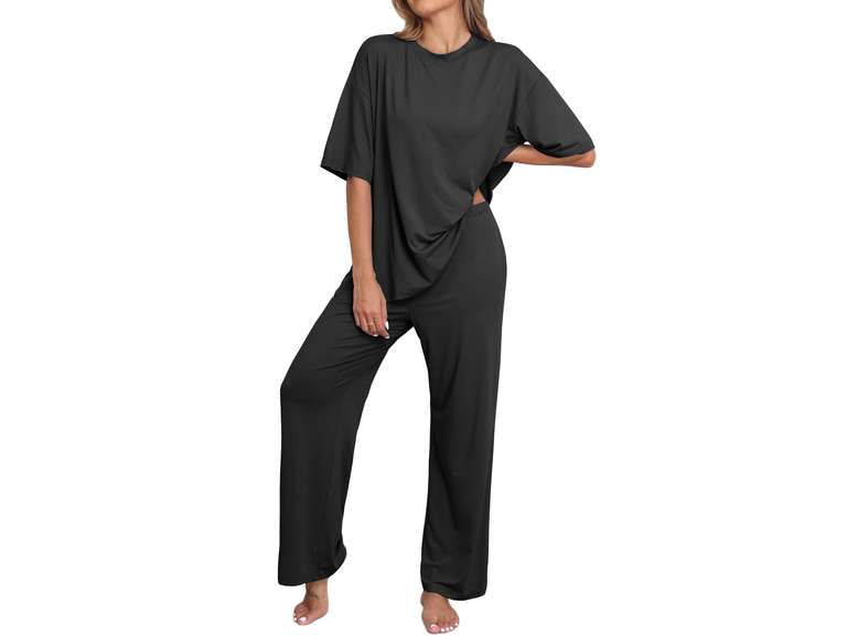 MINTREUS Lounge Sets for Women Knit Short Sleeve Tops and Long Pants Soft Comfy Pajamas Set Oversized 2 Piece Outfits size:M 33