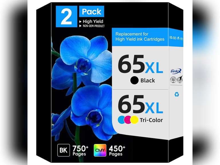65XL 65 Ink Cartridges Compatible for Printer Ink HP 65 Black and Tri-Color Printer Ink HP 65 Works with AMP 100, DeskJet 2600, 3700, Envy 5000,2 Pack 48