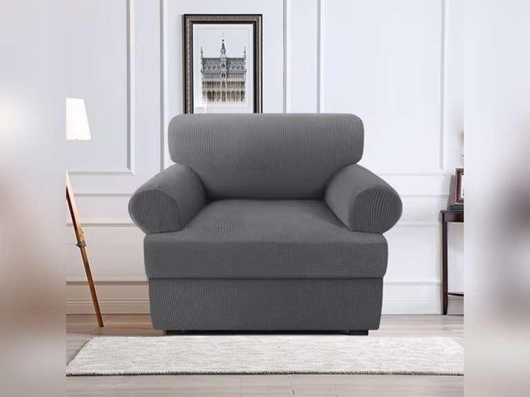 H.VERSAILTEX 2 Pieces Checkerboard Slipcovers Stretch with Individual T Cushion Cover for Living Room(1 Cushion Armchair, Charcoal Grey) 58