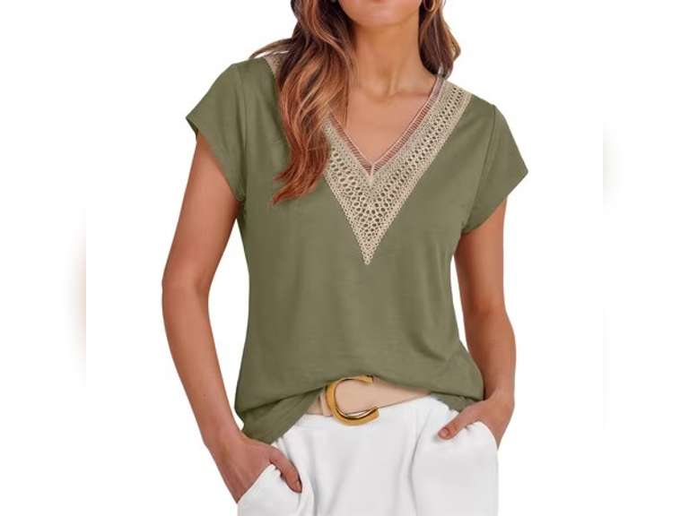 Fantaslook Lace Womens Blouses Cap Sleeve V Neck T Shirts for Women Summer Casual Tops size:L 22