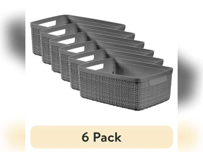 (6 pack) Curver Jute Small Gray Plastic Decorative Storage Basket, 10.6 in x 7.8 in x 4.3 in 27