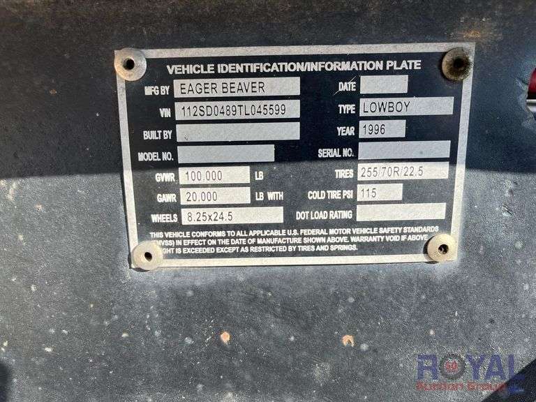 1996 Eager Beaver 50 Ton Tri-Axle RGN Lowboy Trailer