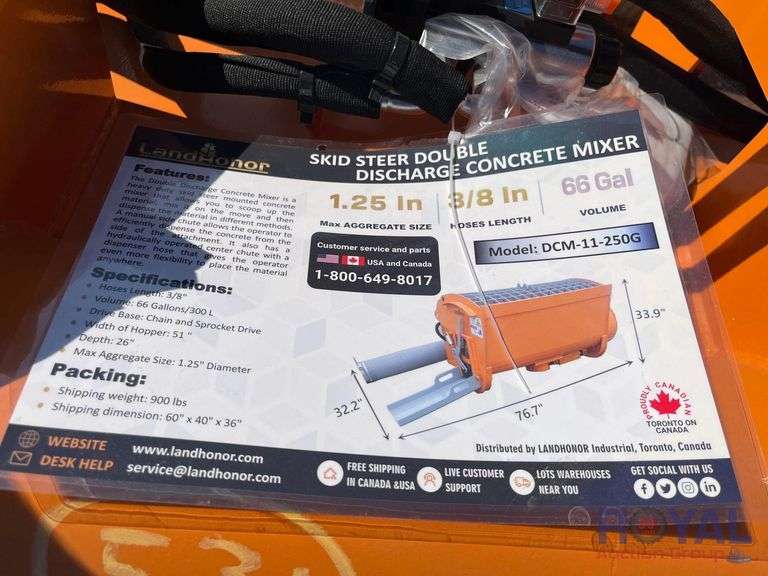 2025 LandHonor DCM-11-250G Hydraulic Double Discharge Concrete Mixer Skid Steer Attachment