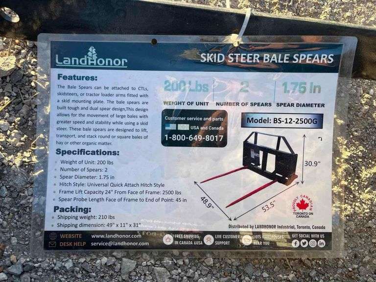 2025 LandHonor BS-12-2500G Bale Spears Skid Steer Attachment