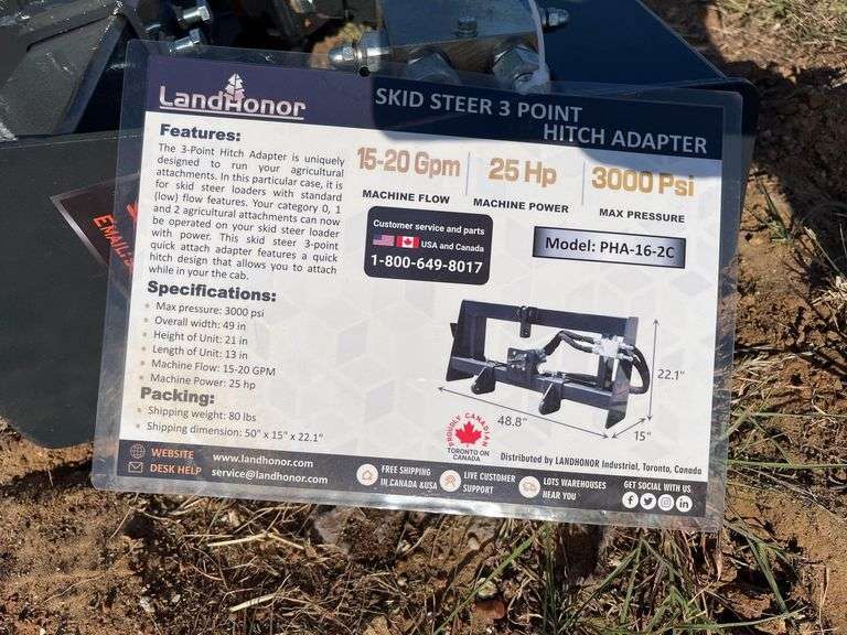 2025 LandHonor PHA-16-2C Hydraulic 3 Point Hitch Adapter Skid Steer Attachment